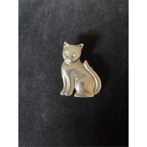 Vintage cat silver, rhinestone eyes, cat pin 2 inches